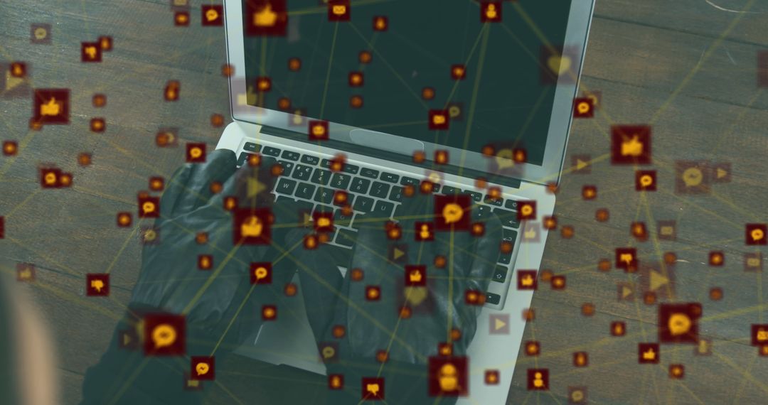 Image of network of digital icons against mid section of a hacker wearing gloves using laptop - Free Images, Stock Photos and Pictures on Pikwizard.com