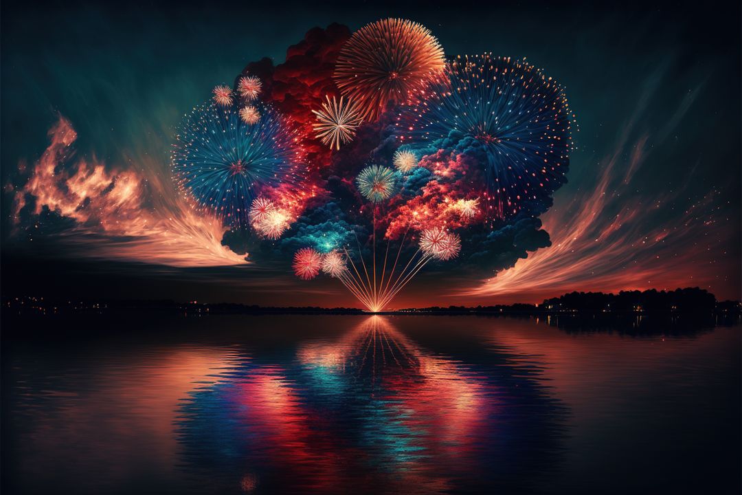 Stunning Fireworks Display Reflects Over Calm Lake at Nightfall - Free Images, Stock Photos and Pictures on Pikwizard.com
