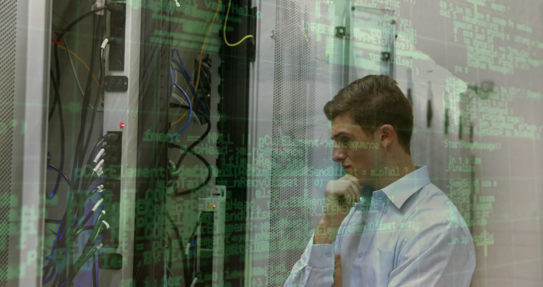 Engineer Analyzing Data in Server Room
