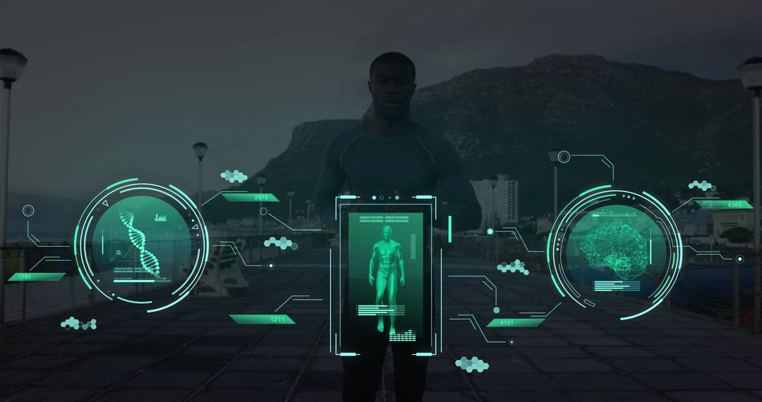 Futuristic Digital Interface in Motion with Running Athlete