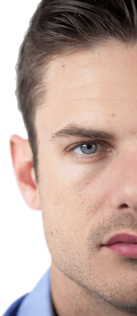 Portrait of Man with Deep Blue Eyes, Half Face Transparent Background