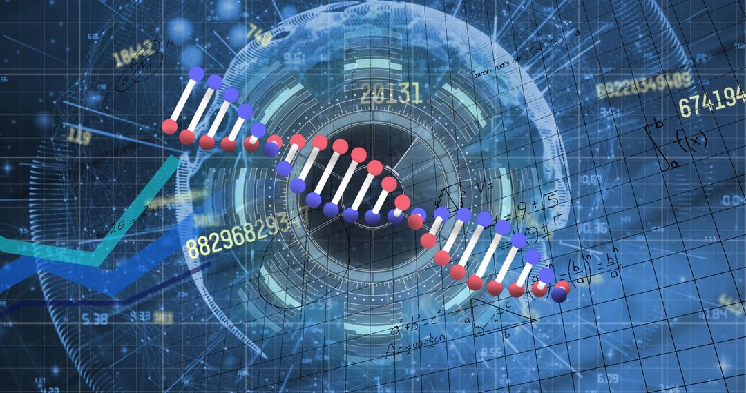 Futuristic Digital DNA with Data, Math Equations on Blue Background