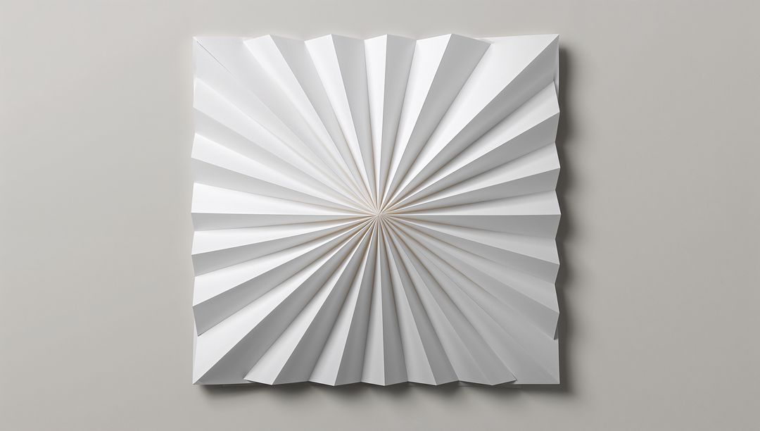 Radiating Folded Paper Wall Panel Creating Geometric Origami Sunburst with Soft Shadows