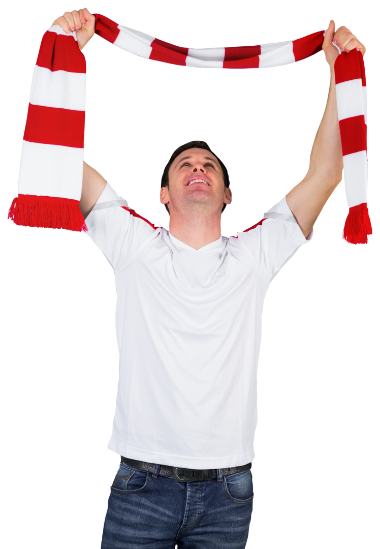 Cheering Football Fan Holding Red and White Striped Scarf Transparent Background - Download Free Stock Images Pikwizard.com