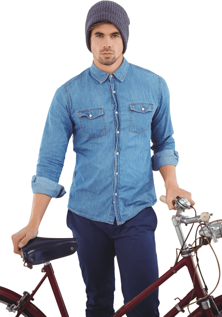 Transparent Hipster Standing with Bicycle Wearing Denim and Knit Hat