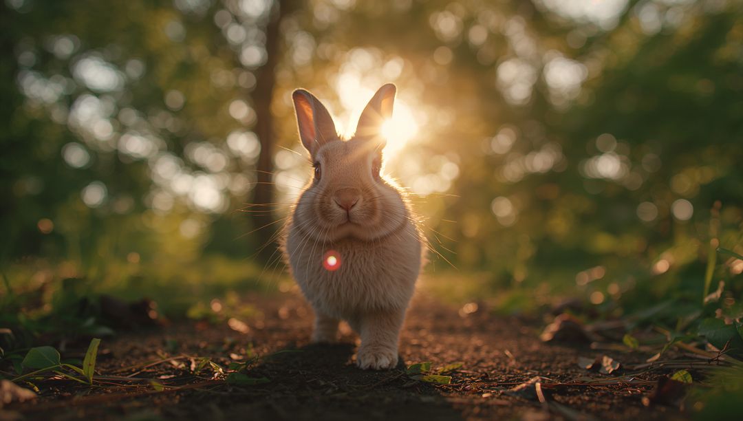 Curious Rabbit Walking Toward Viewer on Backlit Forest Path at Golden Hour