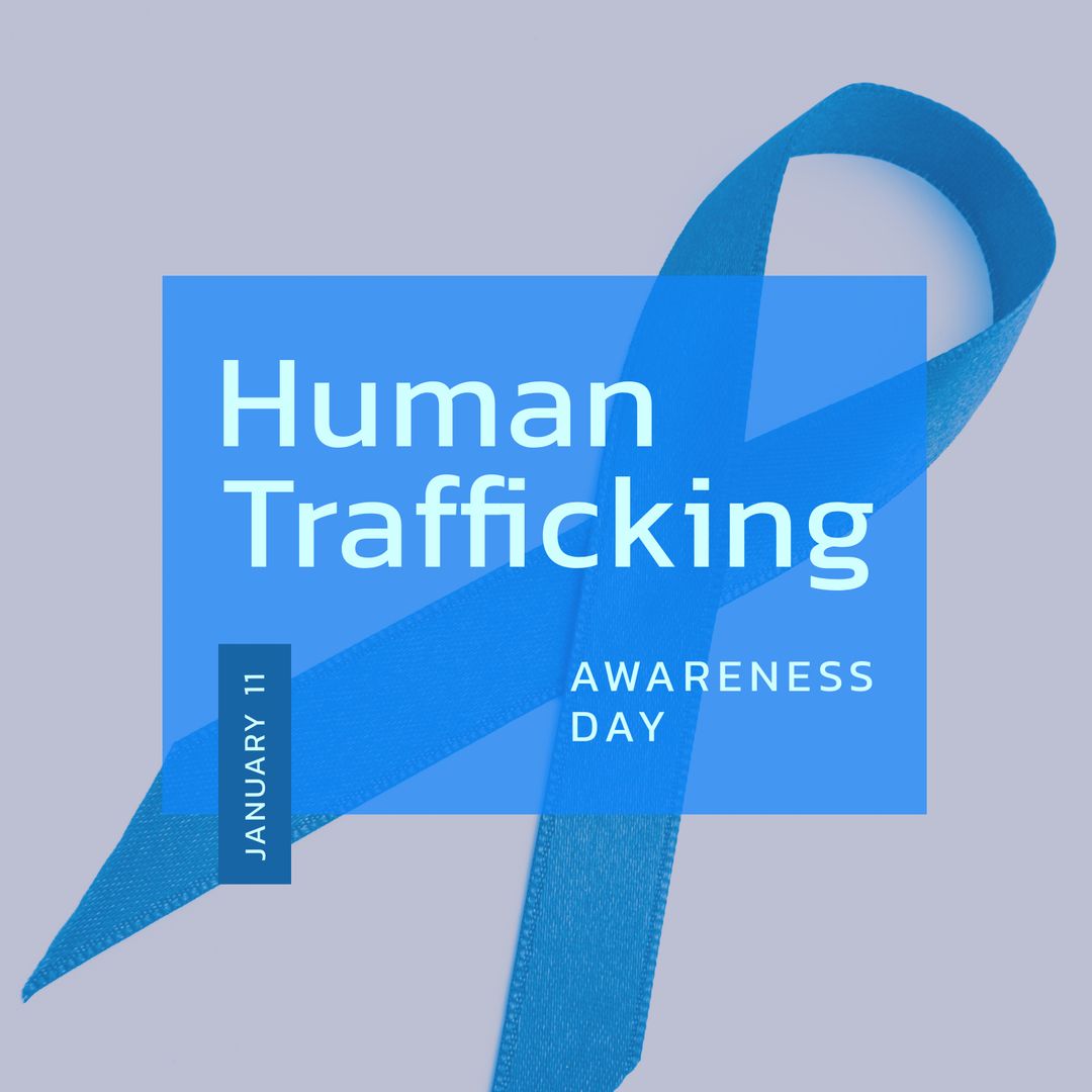 Human Trafficking Awareness Day Message with Blue Ribbon on Grey Background