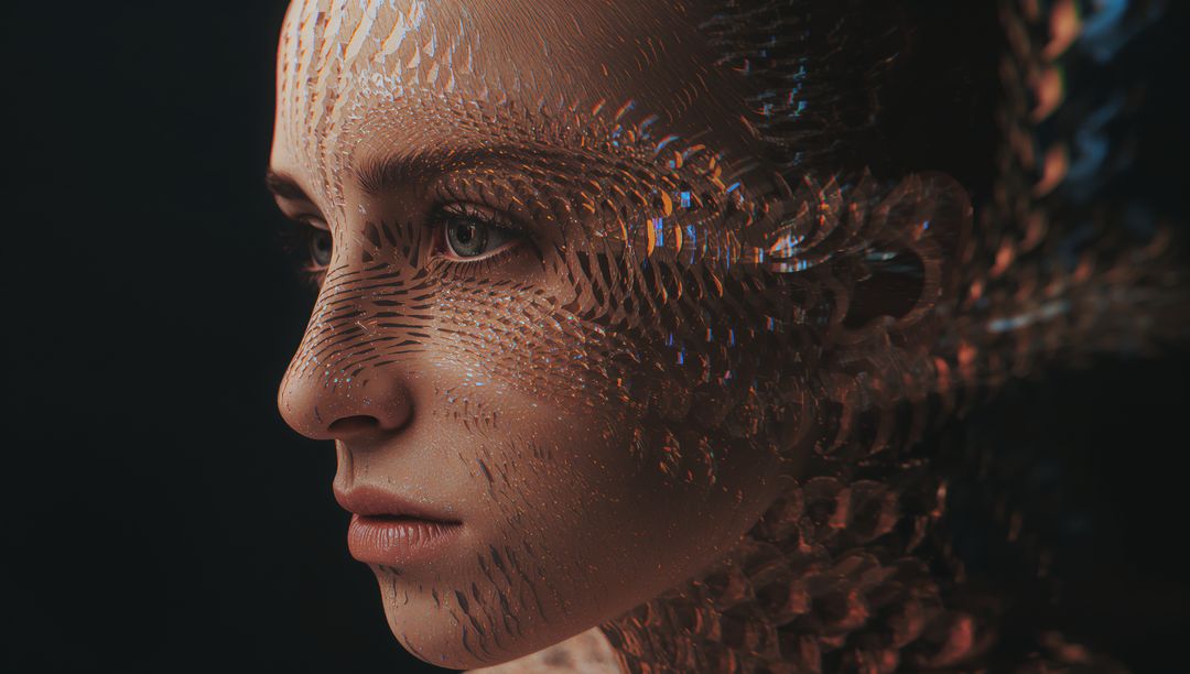 Futuristic Human Face with Geometric Rippling Elements