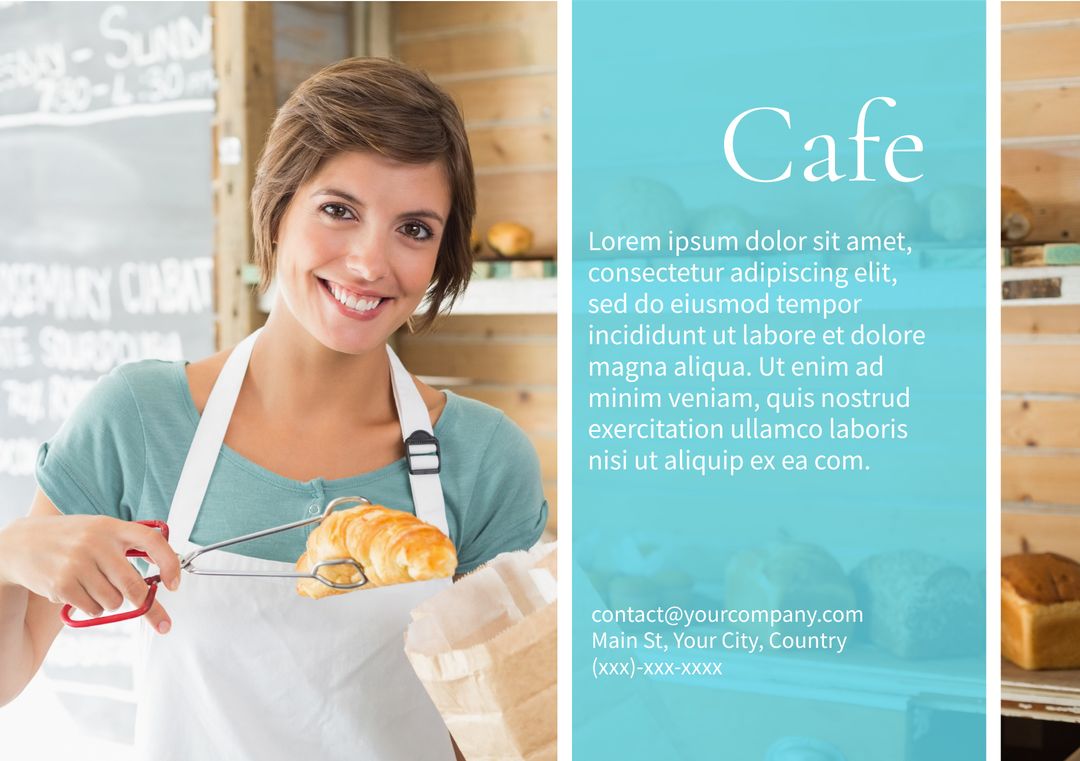 Smiling Barista Holding Fresh Croissant in Welcoming Cafe
