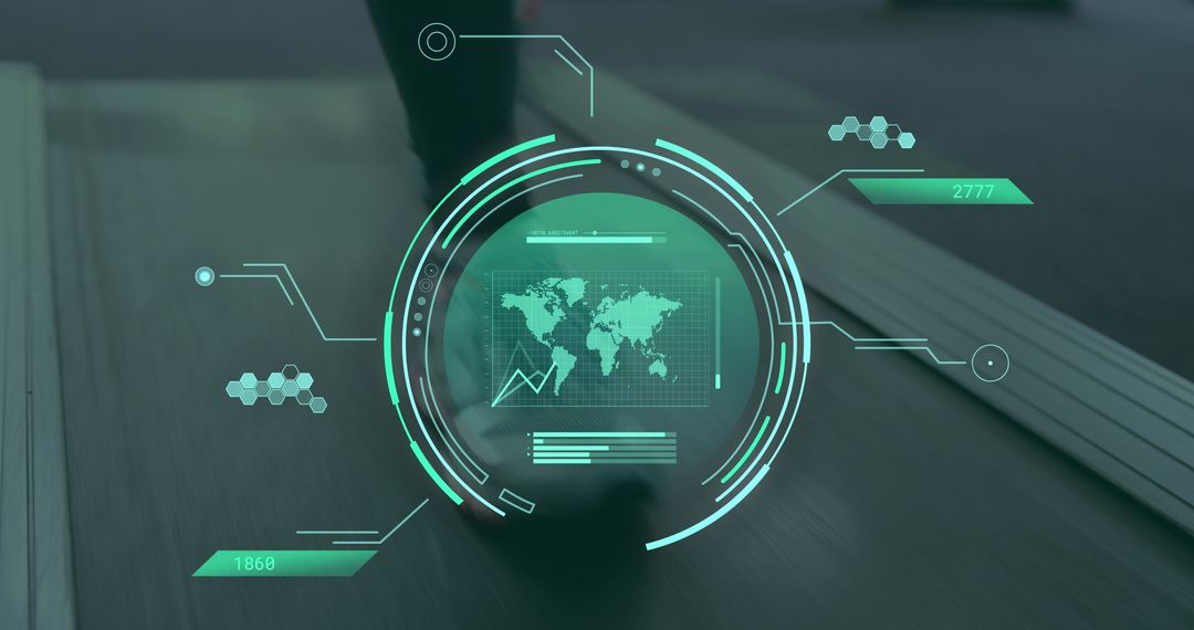 Digital Interface Overlay on Woman Exercising on Treadmill in Gym