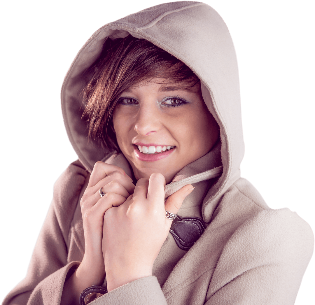 Transparent Portrait of Woman Smiling in Winter Coat