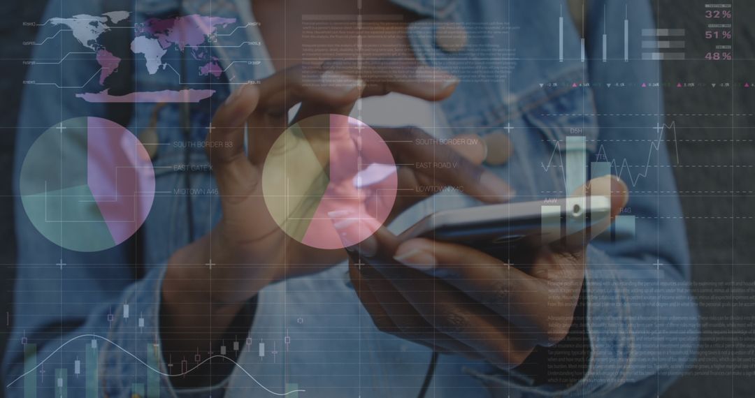 Person Using Smartphone with Overlayed Financial Data Visualizations