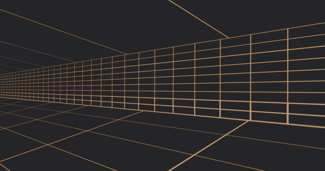 Amber Wireframe Corridor Receding Toward Vanishing Point on Charcoal Grid