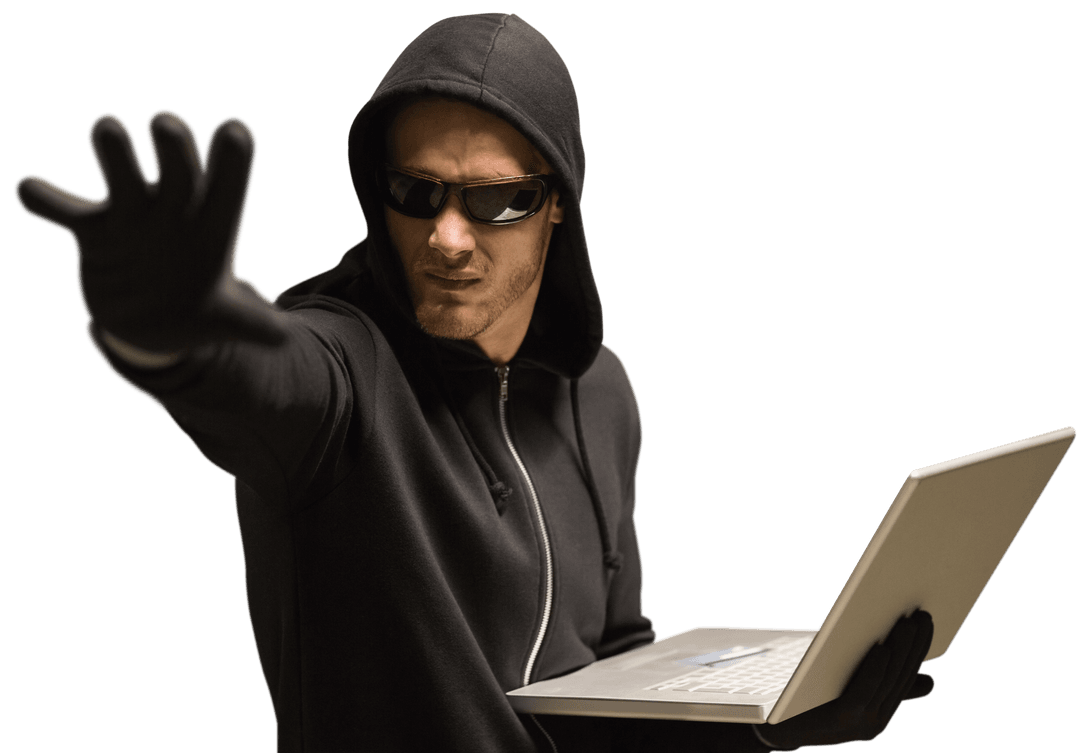 Transparent Hacker in Hoodie with Laptop Gesturing Warning