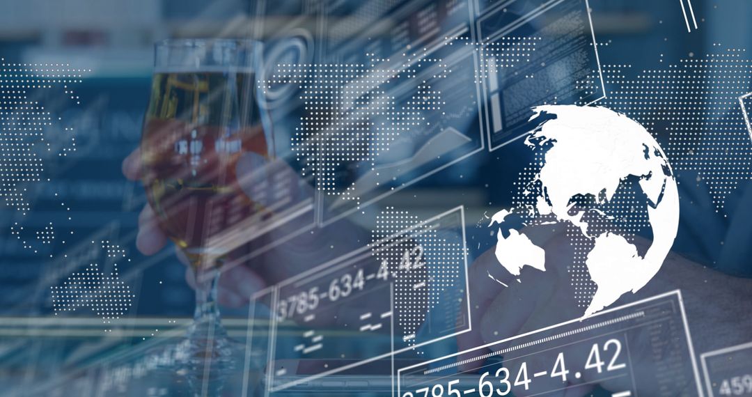 Executive Analyzing Global Data While Holding Wine Glass