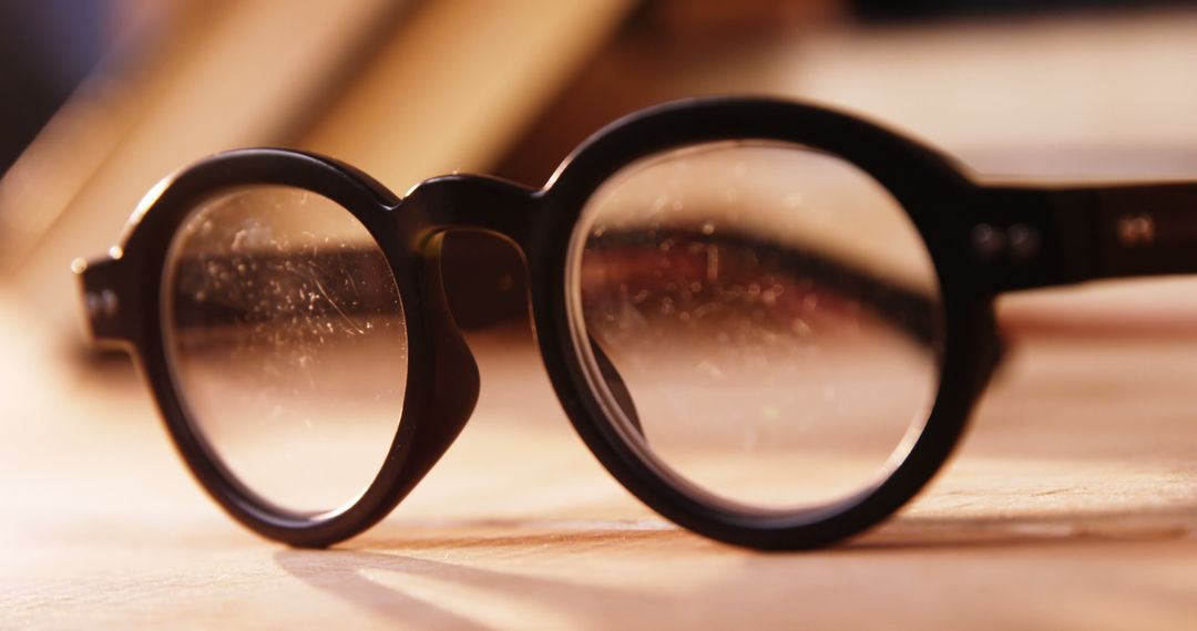 Vintage Round Glasses on Wooden Table in Warm Natural Light - Free Images, Stock Photos and Pictures on Pikwizard.com