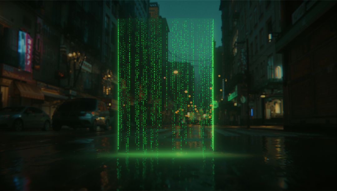 Futuristic Cyberpunk Cityscape with Digital Code Matrix