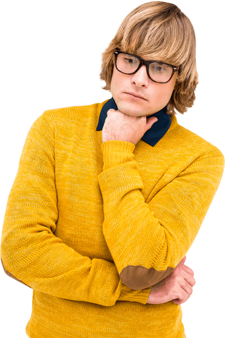 Thoughtful Transparent Hipster Businessman with Hand on Chin Pondering