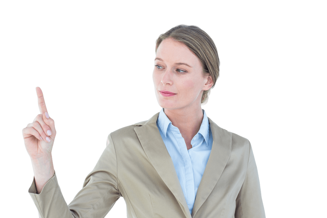 Confident Businesswoman Pointing Up with Transparency
