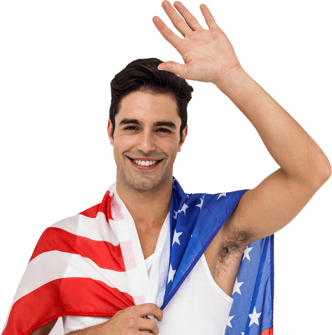 Smiling Athlete Posing with Transparent American Flag Wrap