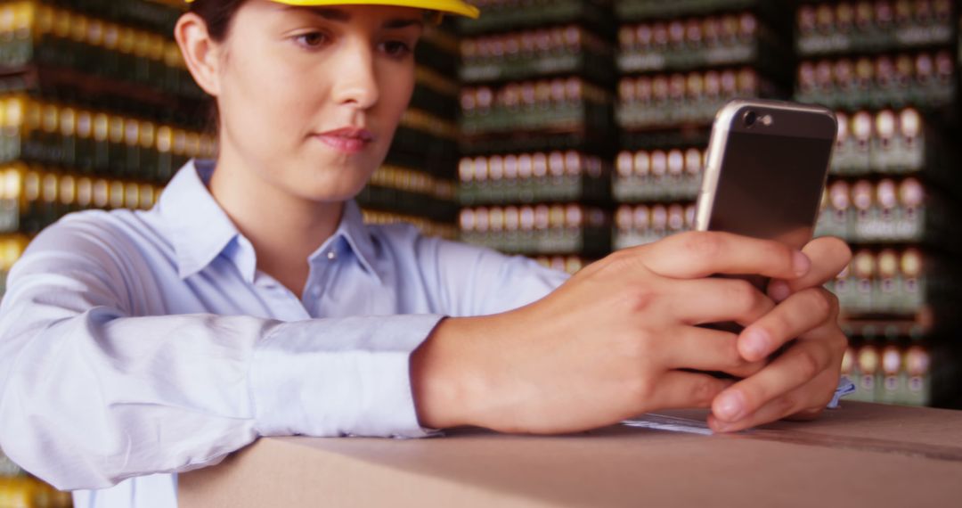 Female warehouse worker checking smartphone while handling package - Free Images, Stock Photos and Pictures on Pikwizard.com