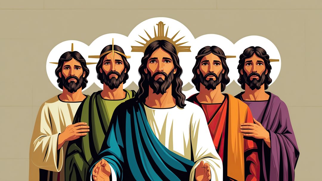 Animated depiction of jesus' disciples with halos and glow