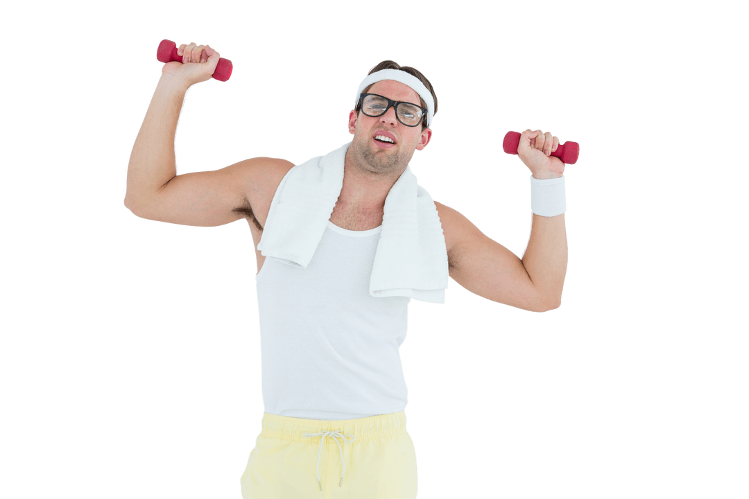 Transparent Geeky Hipster Lifting Dumbbells in Retro Sportswear