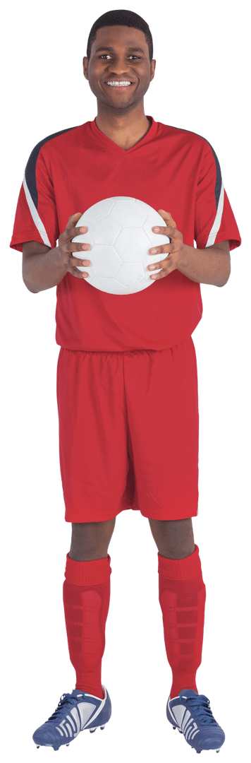 Transparent Football Player in Red Jersey Holding Ball Smiling