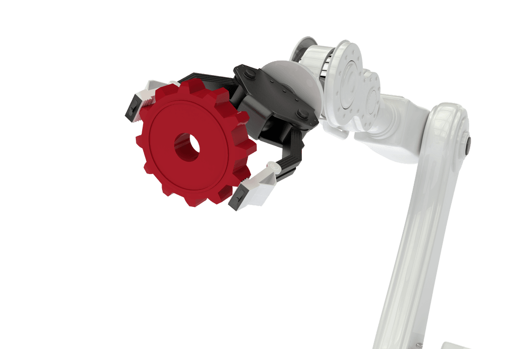 Hydraulic Robotic Arm Holding Transparent Red Gear Industrial