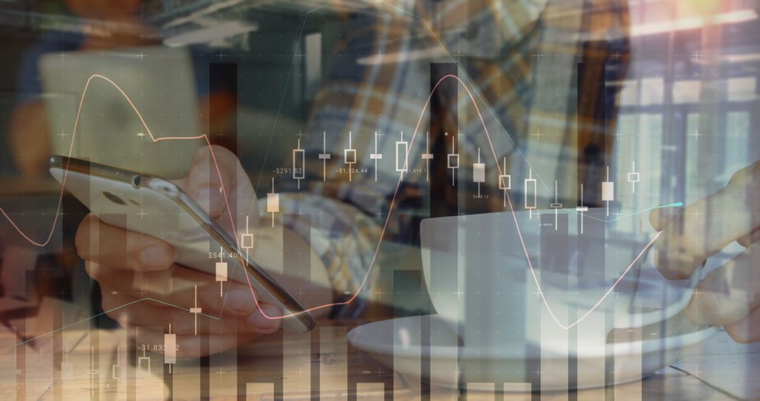 Man Analyzing Data Charts on Smartphone While Enjoying Coffee