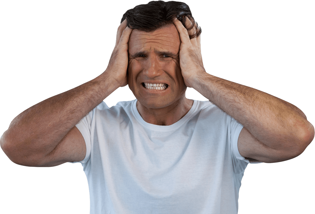Mature Man Holding Head in Frustration on Transparent Background