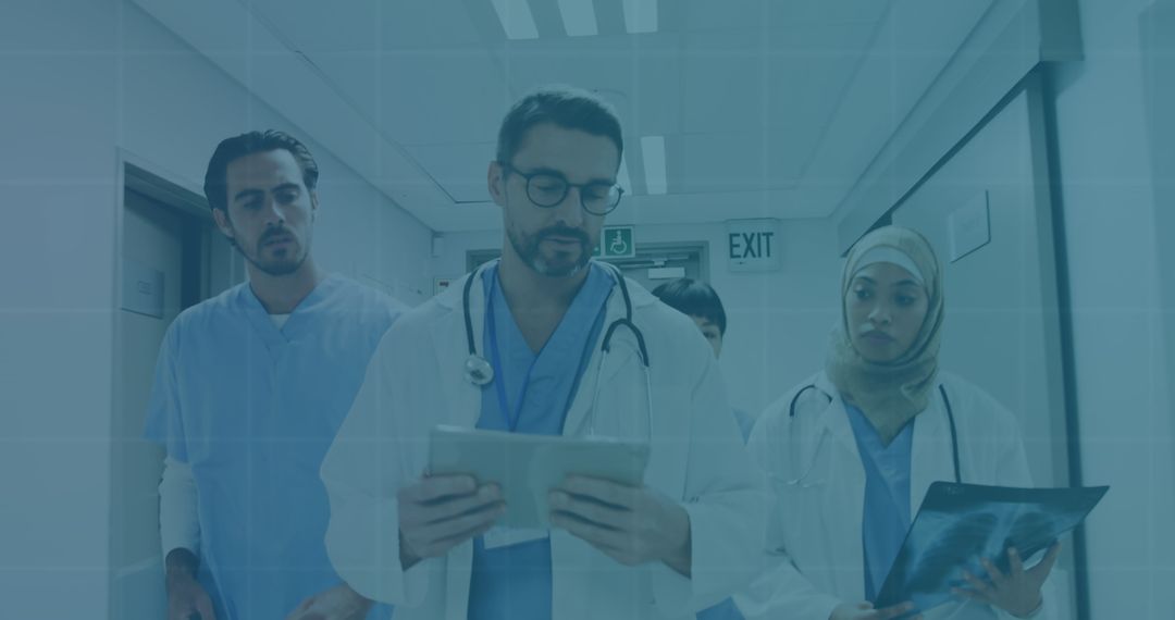 Diverse Doctors Analyzing Medical Data in a Hospital Corridor