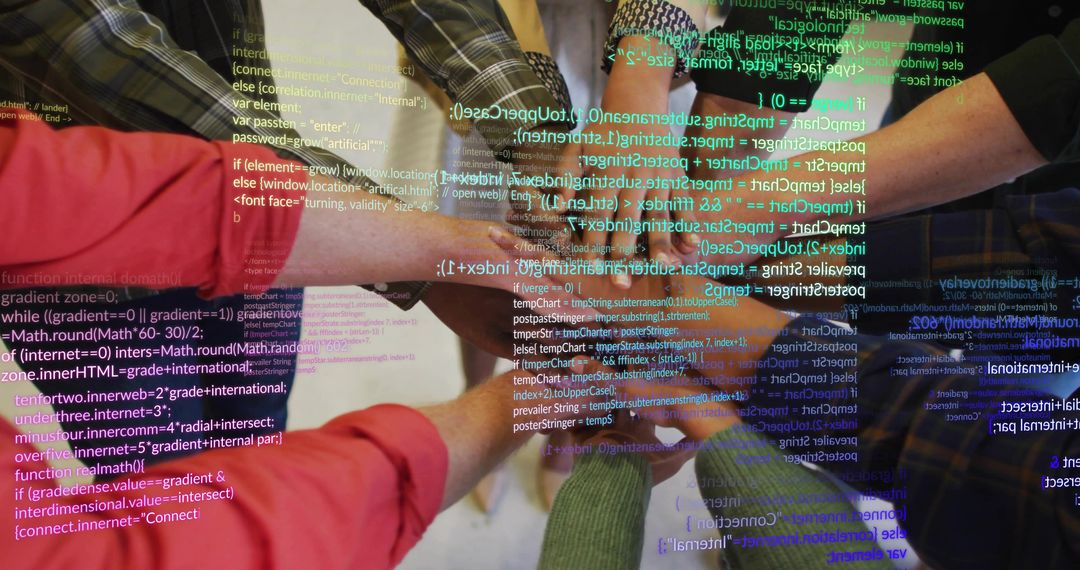 Tech Team Stacking Hands with Code Overlay Symbolizing Collaboration and Innovation