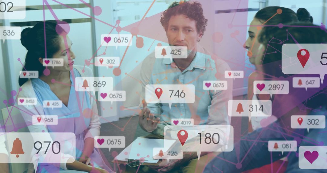 Team Innovating with Digital Social Analytics Overlays in Modern Workspace