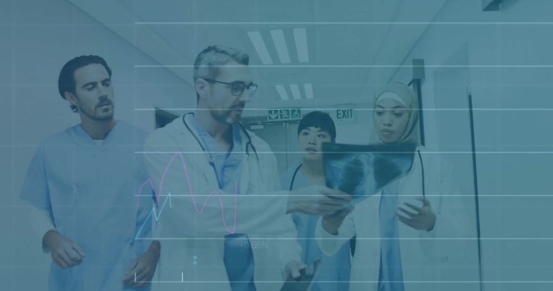 Diverse Doctors Analyzing Medical X-ray with Data Overlay