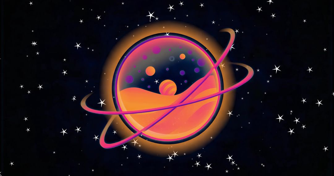 Glowing Neon Planet with Rings Rotating in Star Field, Futuristic Cosmic Illustration