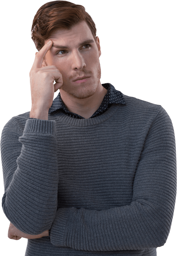 Pensive Caucasian Man Thinking with Hand on Forehead, Transparent Background