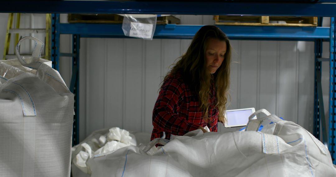 Warehouse Worker Inspecting Large Bags in Storage Facility - Free Images, Stock Photos and Pictures on Pikwizard.com