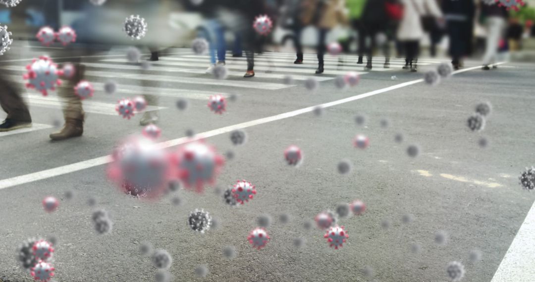 Busy Urban Street with Digital Virus Particles Overlay