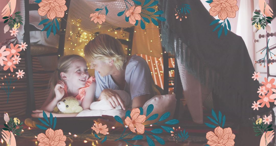 Playful Mother-Daughter Bond in Blanket Fort with Floral Design
