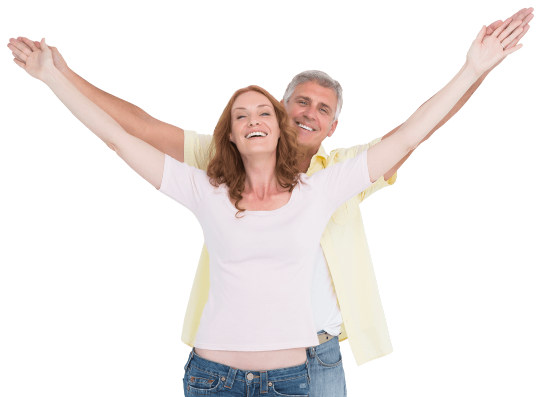 Happy Mature Couple Embracing with Open Arms on Transparent Background