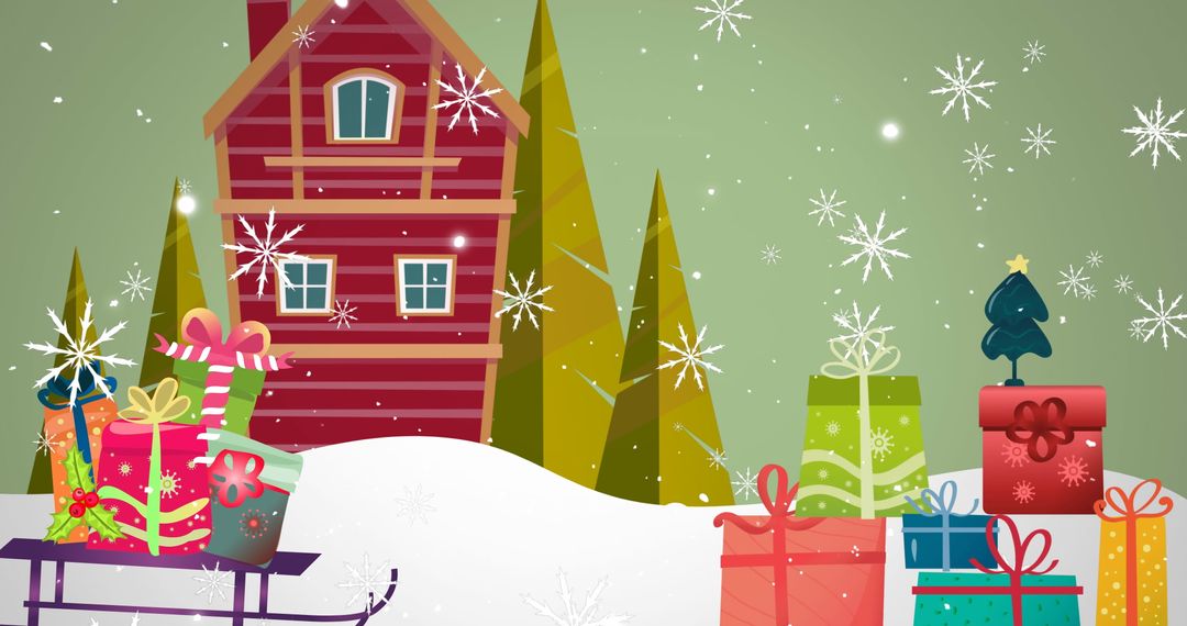 Festive Snowfall Over House and Christmas Presents