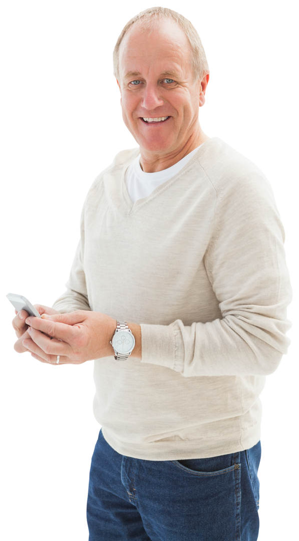 Smiling Senior Man Sending Text on Smartphone, Transparent Background - Download Free Stock Images Pikwizard.com