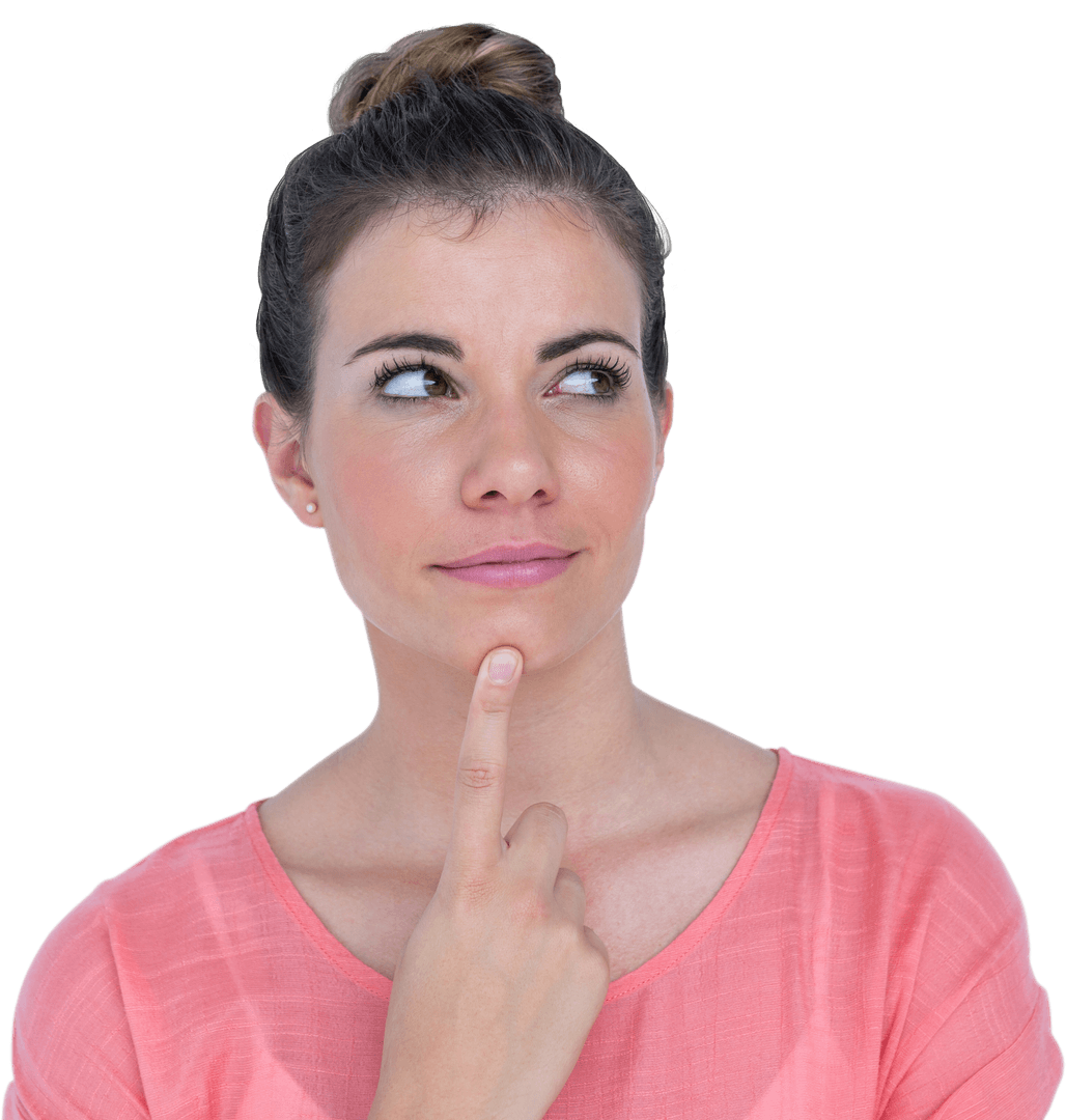 Thoughtful Young Woman Finger on Chin on Transparent Background
