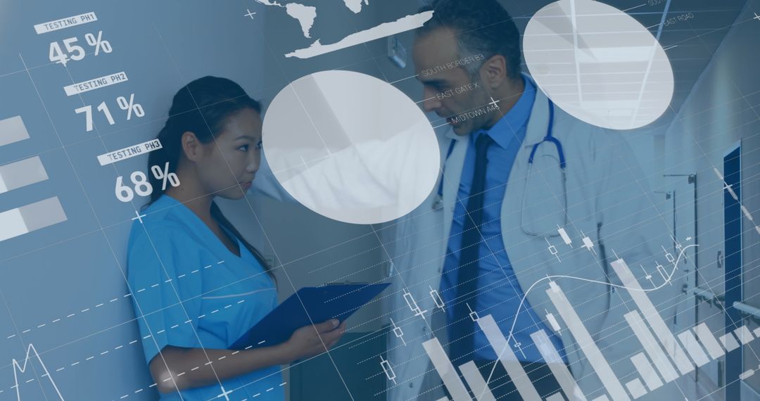 Doctors Discussing Healthcare Amid Financial Data Visualization