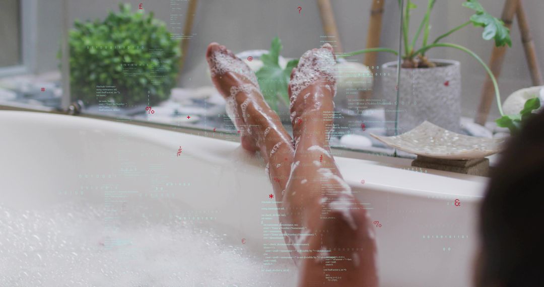 Soaking in Bubble Bath with Bare Legs Resting on Tub Rim and Indoor Plants