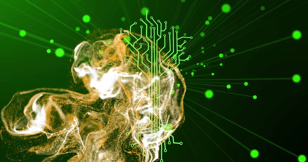 Intertwined Golden Particles with Green Circuitry in Futuristic Digital Network