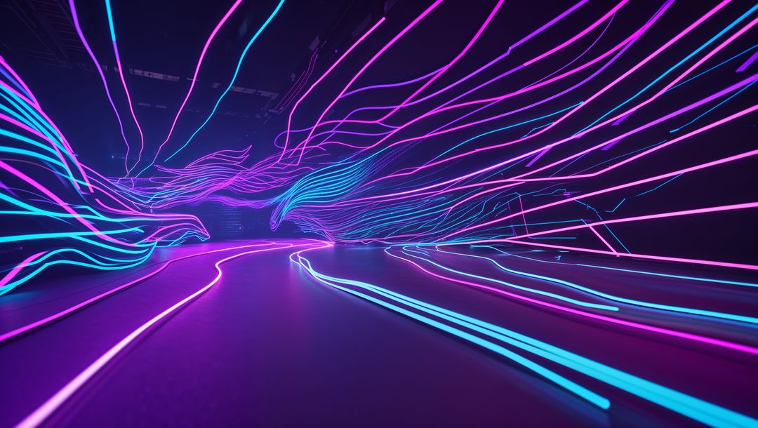 Futuristic Flowing Neon Trails in Exhibit Hall