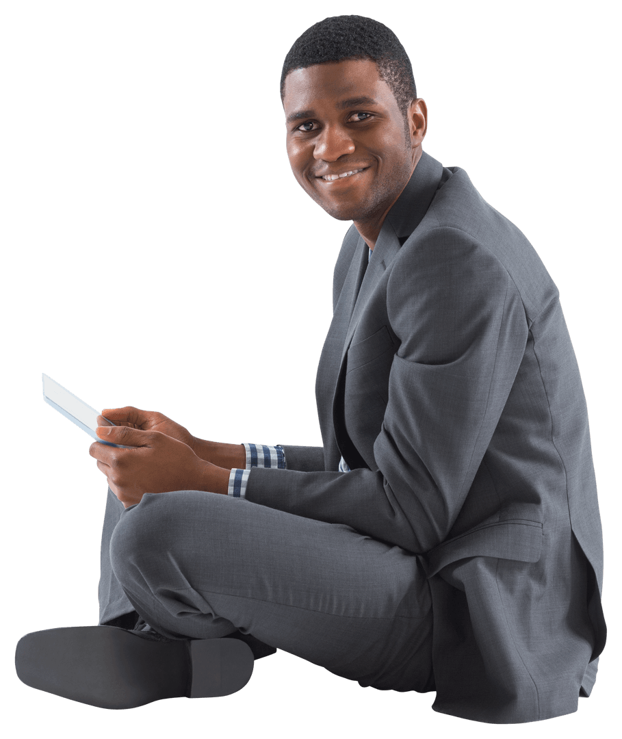 Transparent Cutout Businessman Smiling with Tablet in Hands