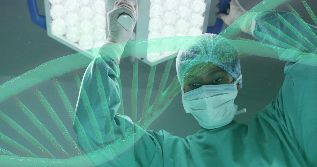 Surgeon Operating with Overlay of Rotating DNA Strand